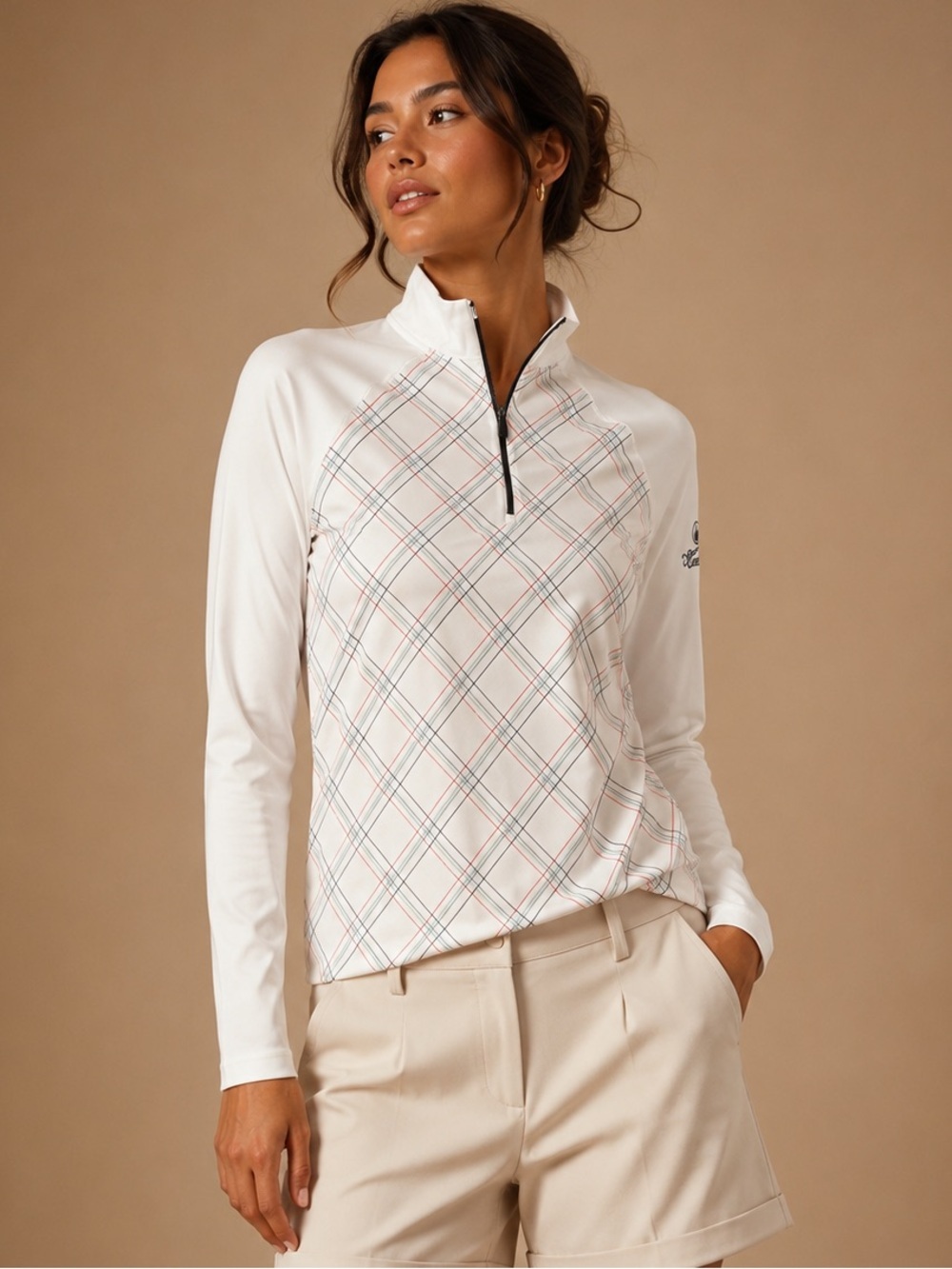 Greg Norman Play Dry White Plaid Quarter Zip Golf Pullover Size S